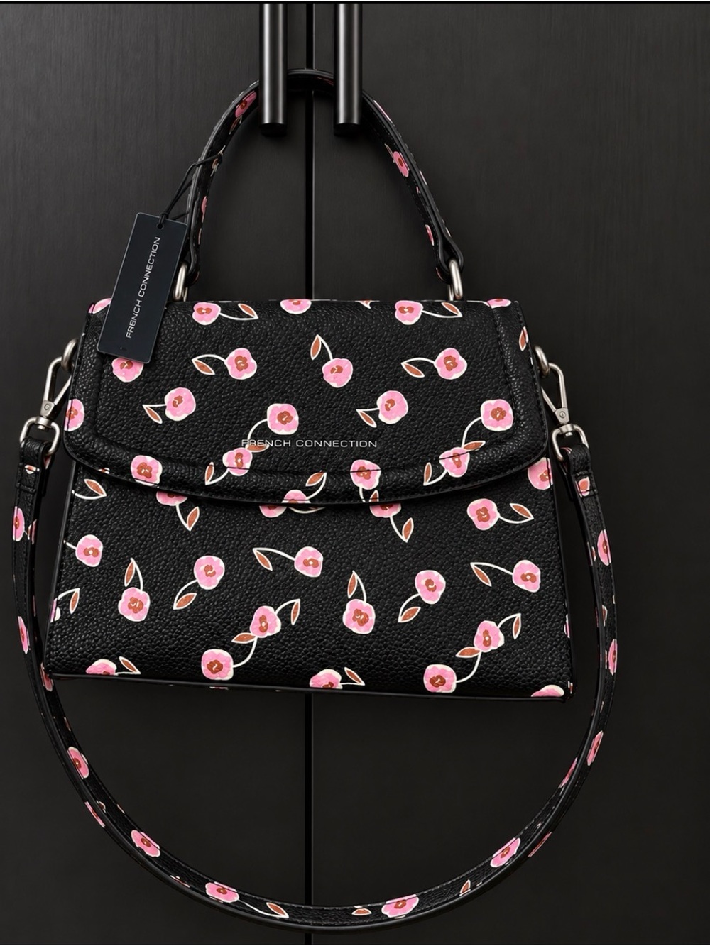 French Connection Black Handbag with Pink Floral Print